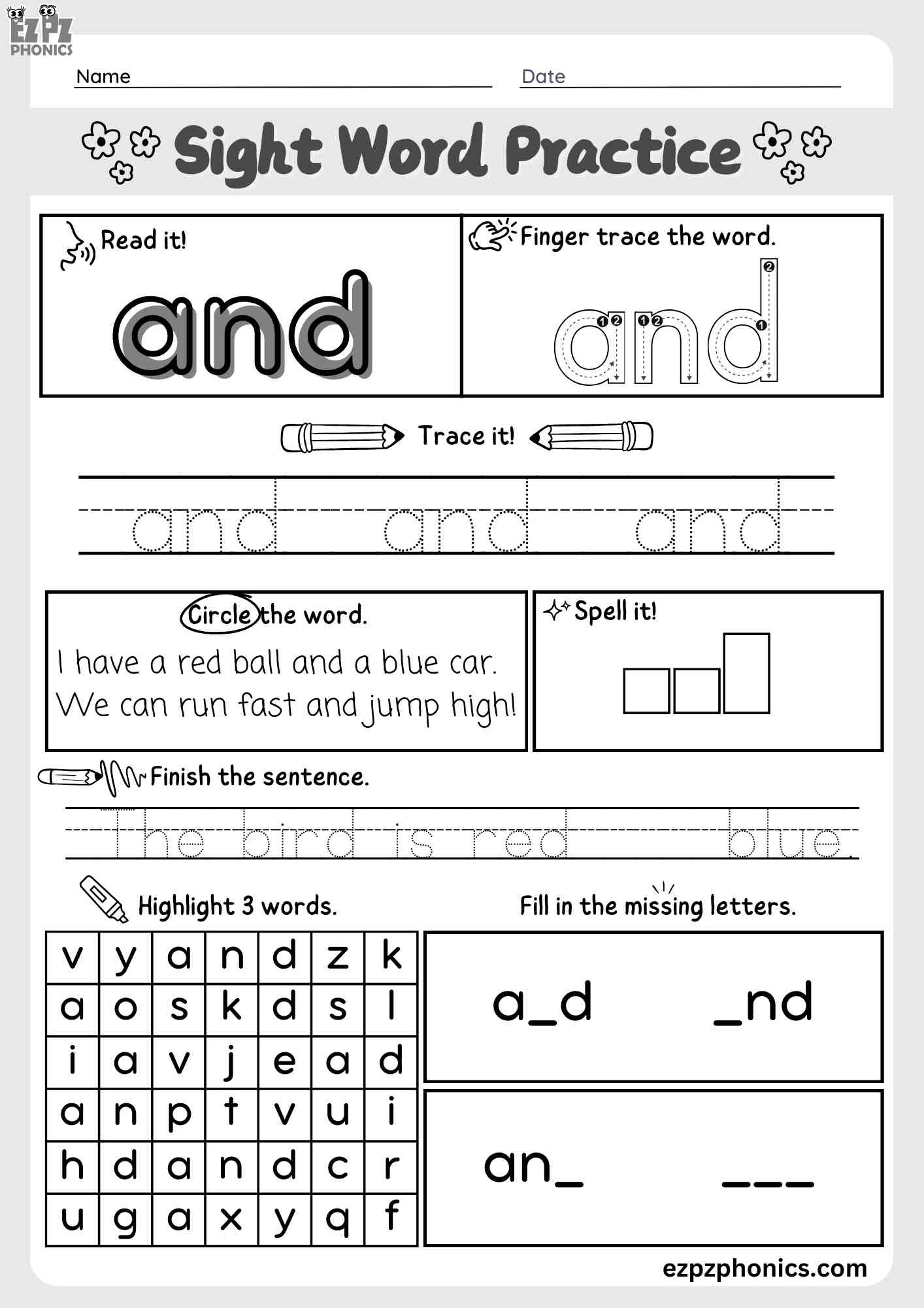 The Word "And" Dolch Sight Word Worksheet Activity. For pre-kindergarten and kindergarten students PDF Download